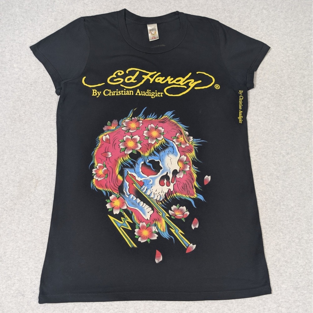 Ed Hardy Womens T-Shirt Size 0X Skull Graphic Christian Audigier Made in USA